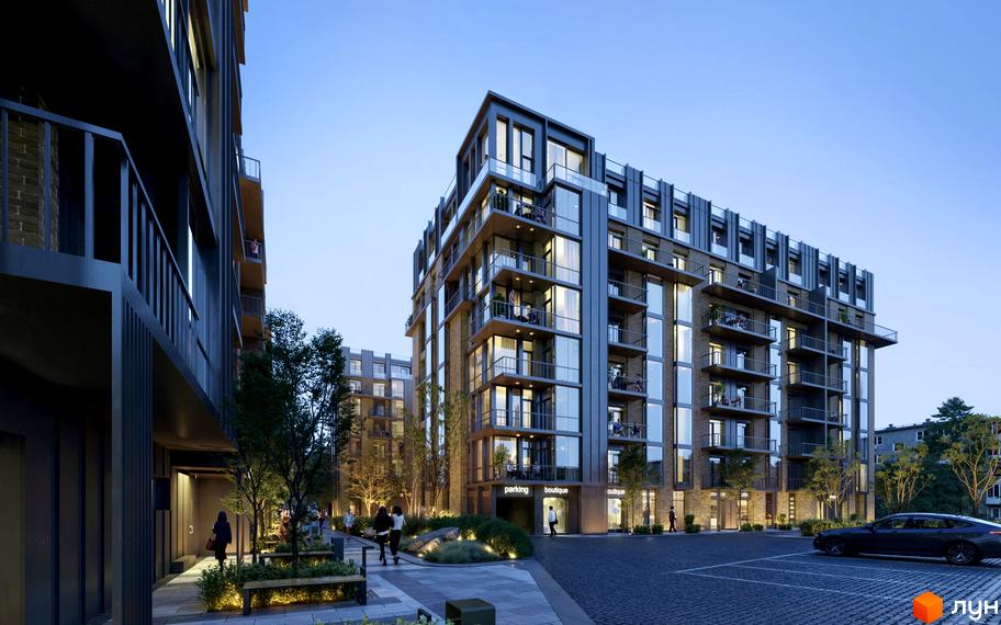 Житловий комплекс Центр: багатоповерховий будинок з балконами та вікнами, прибудинкова територія з деревами та лавками.