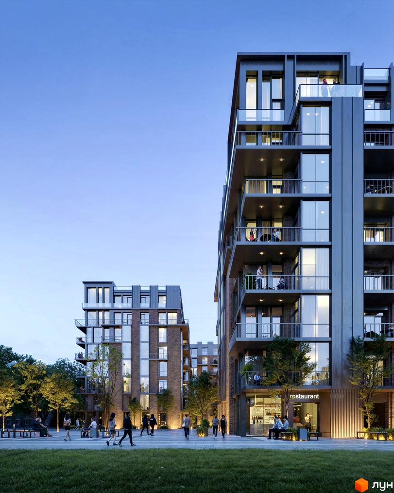 Житловий комплекс Центр: фасади будівель з балконами та панорамними вікнами, прибудинкова територія з деревами та місцями для відпочинку.