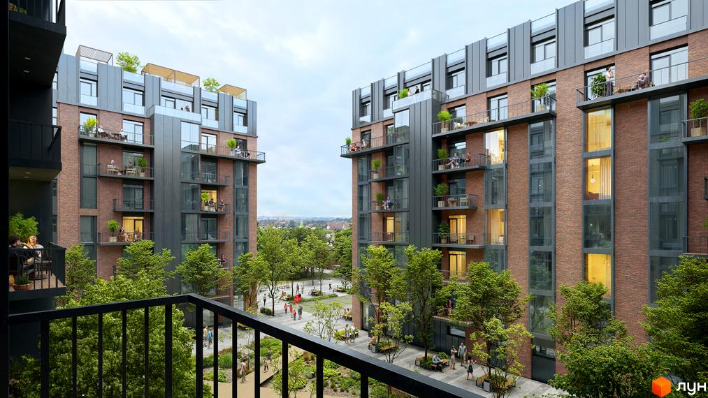 Новобудова ЖК Центр з цегляним фасадом та балконами, оточена зеленим парком з зонами відпочинку.