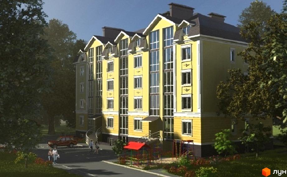 Житловий комплекс Садовий. Жовтий будинок з великими вікнами та балконами. На прибудинковій території є дитячий майданчик та зелені насадження.