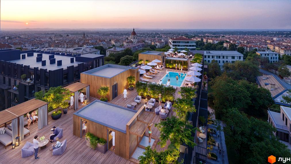 Житловий комплекс Центр: тераса з басейном та відпочинковими зонами на даху, вид на місто на заході сонця.