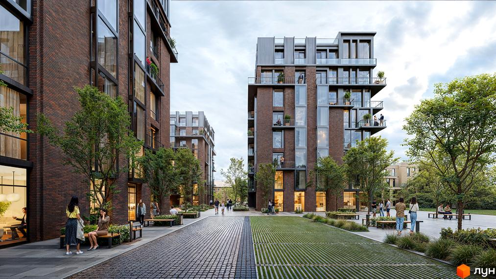 Житловий комплекс Центр: цегляні будинки з великими вікнами та балконами, зелена прибудинкова територія з лавками та доріжками.