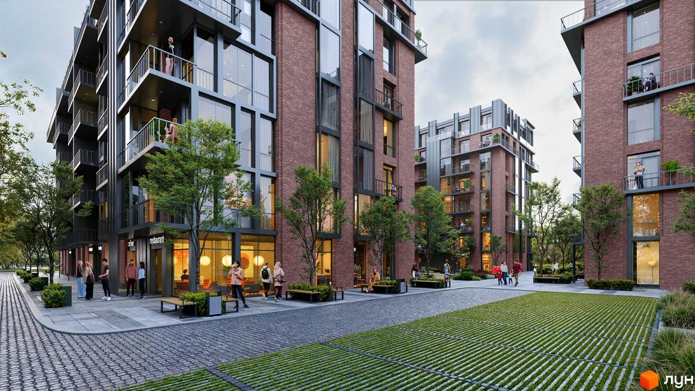 Житловий комплекс Центр: цегляні фасади, балкони та панорамні вікна. Прибудинкова територія з деревами та місцями для відпочинку.