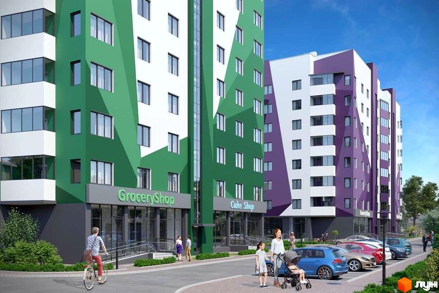 Житловий комплекс Золотий Рарог. Фасад будинку оздоблений зеленими та фіолетовими елементами. Поруч розташовані магазини та парковка.