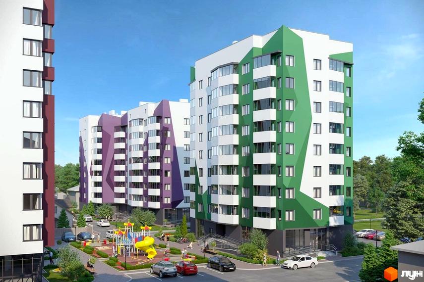 Житловий комплекс Золотий Рарог з фасадами білого, зеленого та фіолетового кольорів. Поруч дитячий майданчик та парковка.