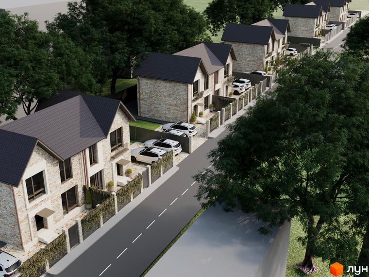 Дуплекси Knyazhychi village: двоповерхові будинки з цегляним фасадом та темним дахом, розташовані вздовж дороги з прибудинковою територією та деревами.