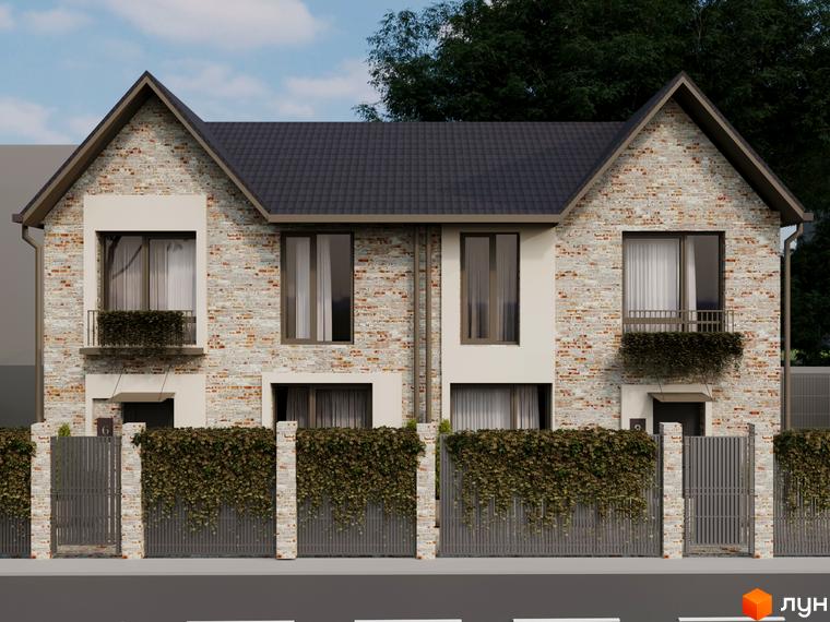 Зовнішній вигляд дуплексів Knyazhychi village з цегляним фасадом та огородженою територією, що заросла плющем. Фото новобудови.