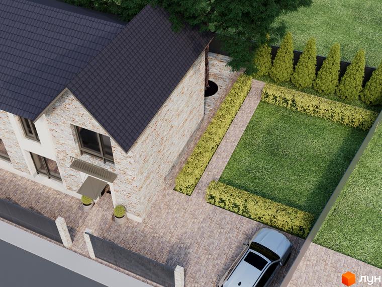 Будинок з цегляним фасадом та сірим дахом, перед будинком доглянутий газон та зелені насадження. Дуплекси Knyazhychi village.