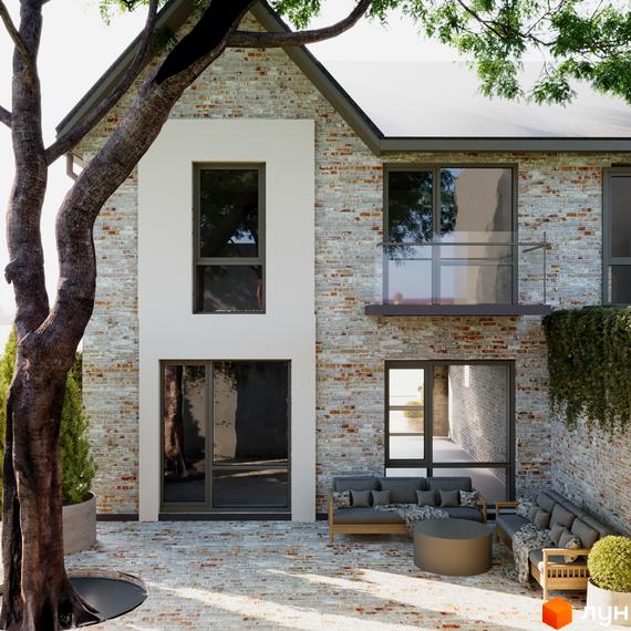 Дуплекси Knyazhychi village: цегляний фасад будинку з великими вікнами та затишна прибудинкова територія з диванами та кавовим столиком.