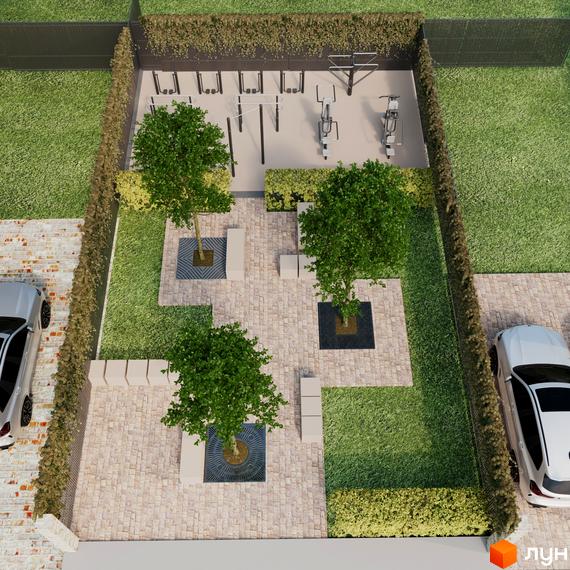 Територія житлового комплексу Duplexes Knyazhychi village з зоною для тренувань, деревами та зонами відпочинку. Прибудинкова територія з газоном та бруківкою.
