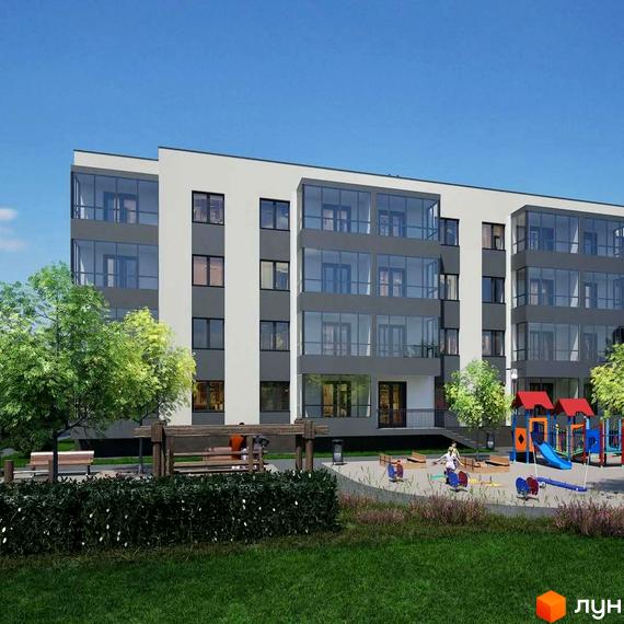 Житловий комплекс Добробуд: триповерхова новобудова з панорамними вікнами та дитячим майданчиком. Зелена прибудинкова територія з лавками та деревами.