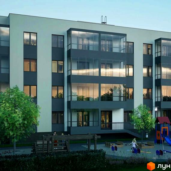 Новобудова ЖК Добробуд з панорамними вікнами та скляними балконами, поруч дитячий майданчик та зелені зони.