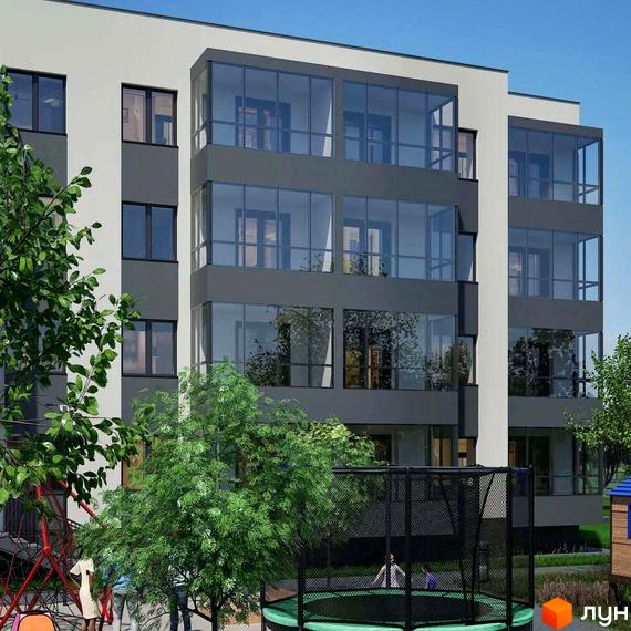 Зовнішній вигляд будинку ЖК Добробуд з панорамними вікнами та прибудинковою територією з дитячим майданчиком та батутом.