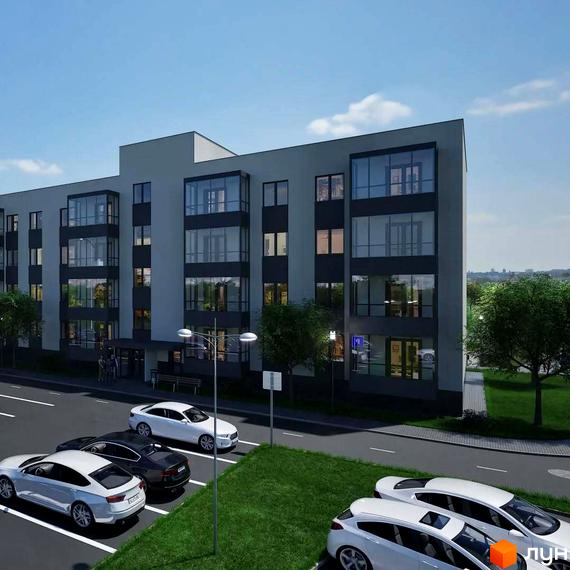 Новобудова ЖК Добробуд з панорамними вікнами та паркінгом. Прибудинкова територія з газоном та деревами.