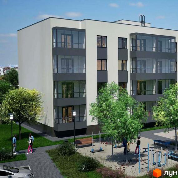 Житловий комплекс Добробуд: триповерхова новобудова з панорамними вікнами та прибудинковою територією з дитячим майданчиком та зонами відпочинку.