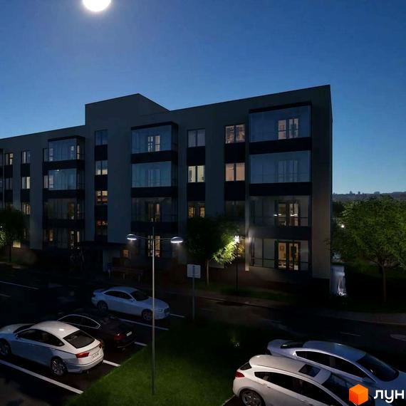 Новобудова ЖК Добробуд вночі з освітленими вікнами та парковкою біля будинку. Прибудинкова територія з деревами та ліхтарями.