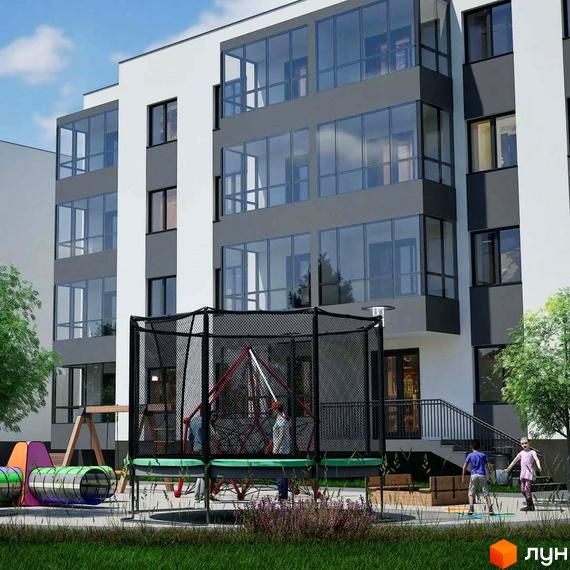 Житловий комплекс Добробуд: багатоповерховий будинок з панорамними вікнами та дитячим майданчиком з батутом. Сучасна архітектура та облаштована прибудинкова територія.