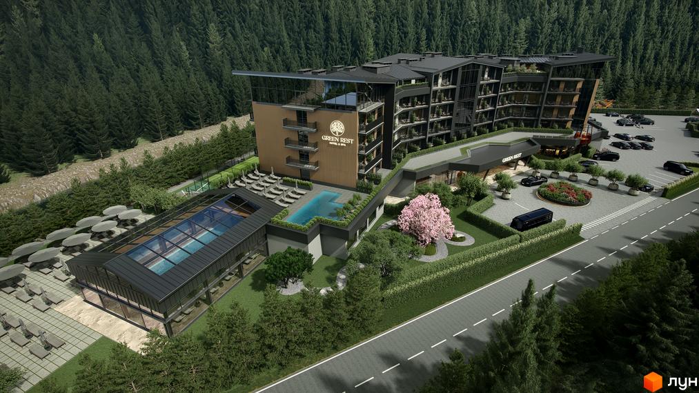 Комплекс Green Rest у оточенні лісу з басейном, терасами та парковкою. Сучасна архітектура будівлі та доглянута прибудинкова територія з зеленими насадженнями.
