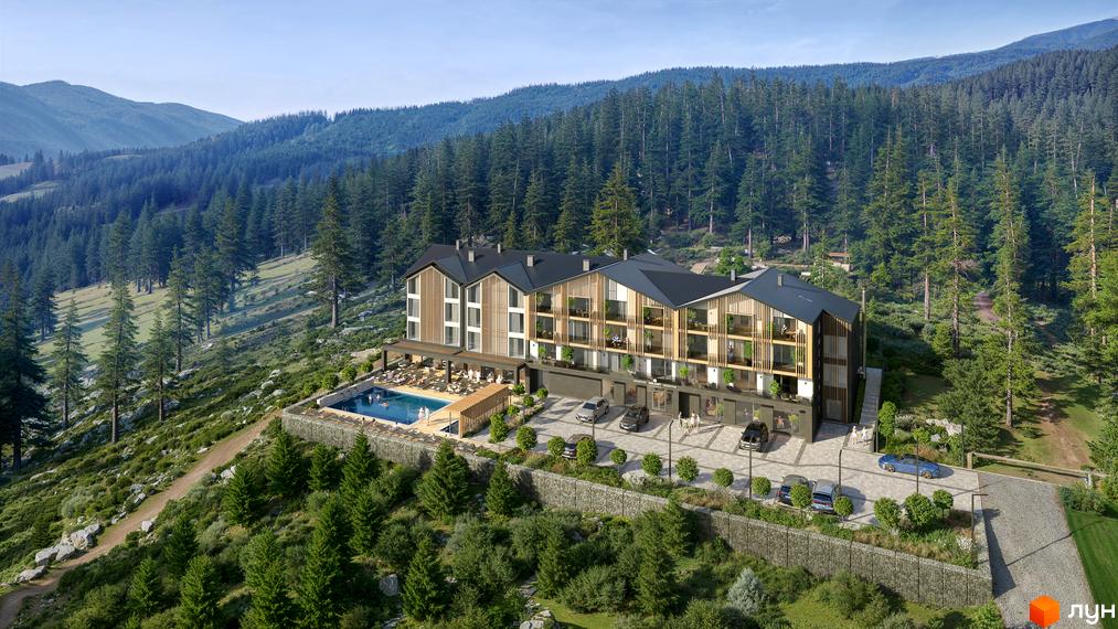 Апарт-комплекс Меланіт Резорт & СПА розташований серед гірського лісу, має басейн та паркінг. Зовнішній вигляд будівлі виконаний у стилі шале з дерев'яними елементами.