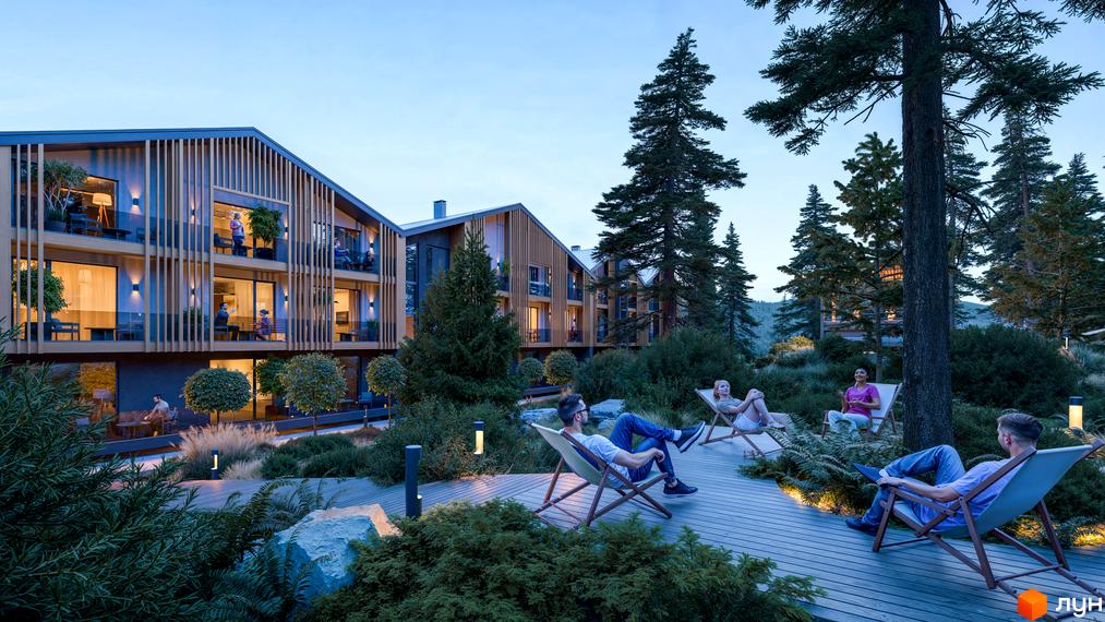 Апарт-комплекс Меланіт Резорт & СПА з дерев'яними фасадами та балконами, оточений зеленими деревами та облаштованою зоною відпочинку з лежаками.