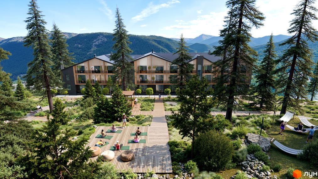 Апарт-комплекс Меланіт Резорт & СПА з дерев'яними фасадами та балконами, оточений соснами, з зоною для йоги та гамаками.