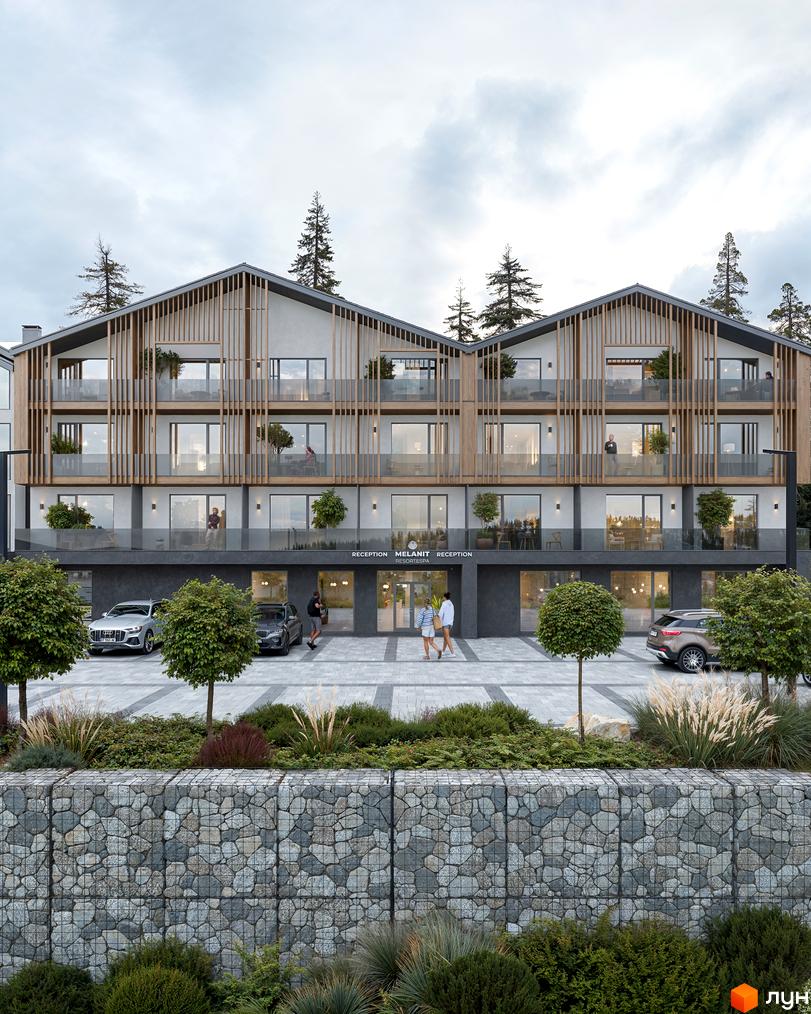 Апарт-комплекс Melаnit Resort & SPA з дерев'яними елементами та балконами, перед ним парковка та зелена зона з габіонами.