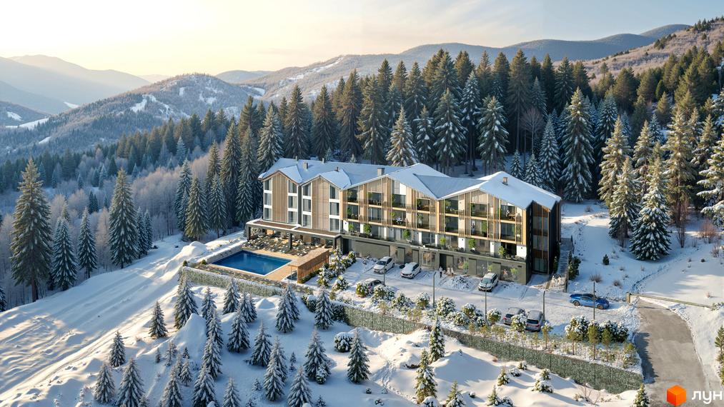 Апарт-комплекс Меланіт Резорт & СПА. Багатоповерхова будівля з дерев'яними елементами та балконами, розташована серед засніжених ялин. Поруч басейн та парковка з автомобілями.