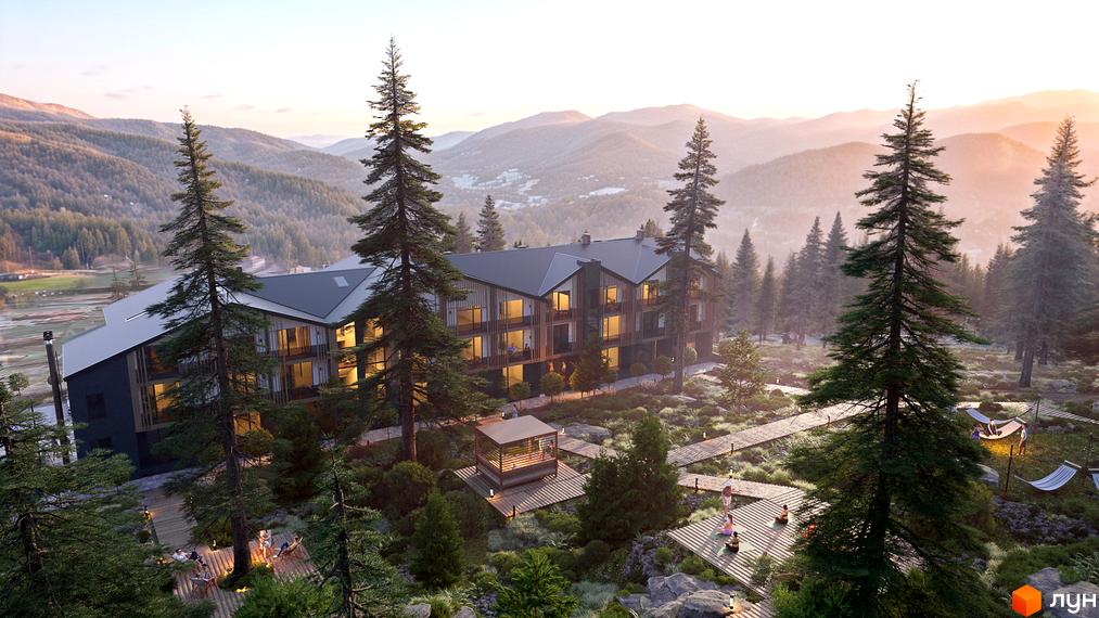 Апарт-комплекс Меланіт Резорт & СПА з дерев'яними фасадами та великими вікнами, розташований серед гір та хвойних дерев. На прибудинковій території облаштовані дерев'яні настили, альтанка та зони для відпочинку.