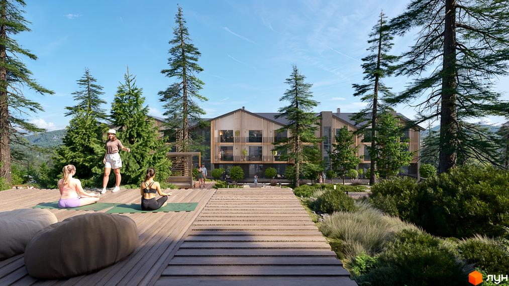Апарт-комплекс Меланіт Резорт & СПА з дерев'яними фасадами та балконами, оточений соснами, з зоною для йоги на дерев'яній терасі.