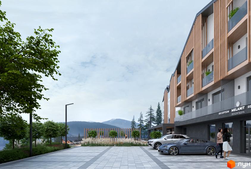 Апарт-комплекс Melаnit Resort & Spa з дерев'яними фасадами та балконами, парковкою та гірським пейзажем. Територія навколо комплексу озеленена.