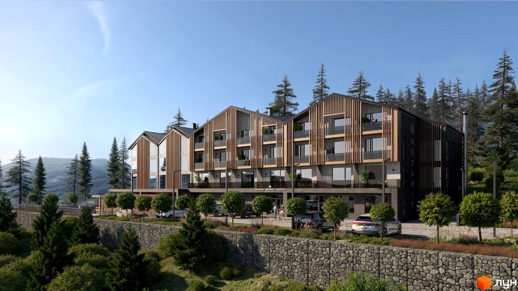 Апарт-комплекс Меланіт Резорт & СПА - триповерхова будівля з дерев'яним оздобленням та балконами, оточена соснами та гірським ландшафтом.