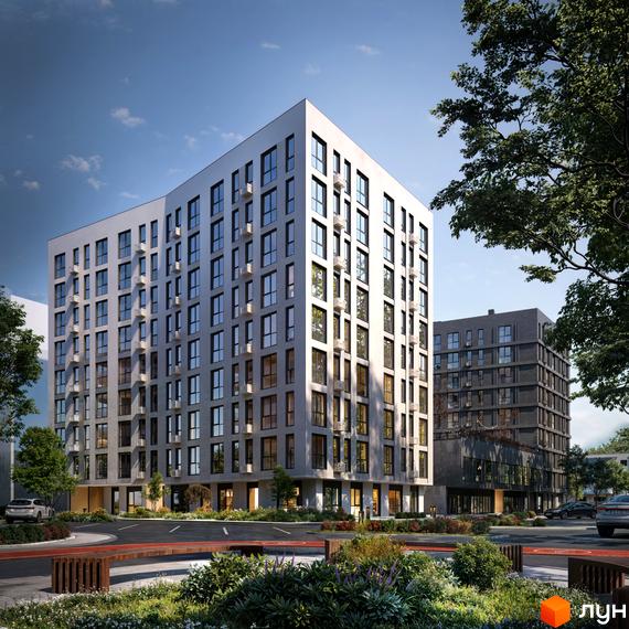 Новобудова ORLAN RESIDENTS з численними вікнами та кондиціонерами, перед якою розташована зелена прибудинкова територія з лавками та доріжками.