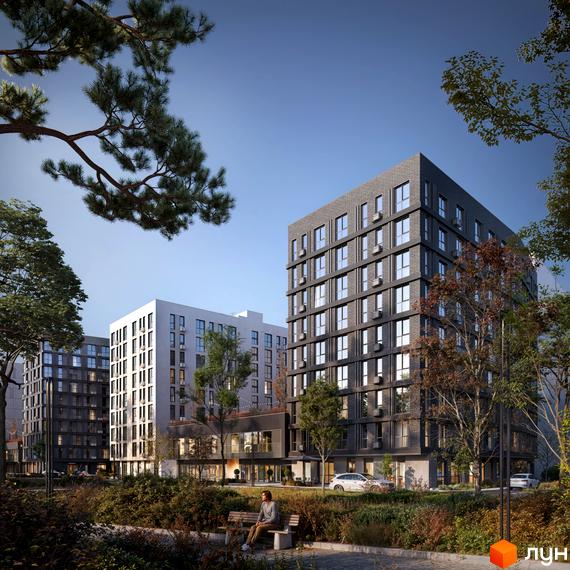 Новобудова ORLAN RESIDENTS з темною та світлою фасадною обробкою, вікнами та кондиціонерами. Навколо зелена прибудинкова територія з деревами та лавкою.