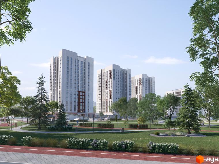 Житловий комплекс Одеса Сіті: висотні будинки з білими фасадами та коричневими елементами, зелена прибудинкова територія з деревами та кущами, доріжки для прогулянок та велосипедів.