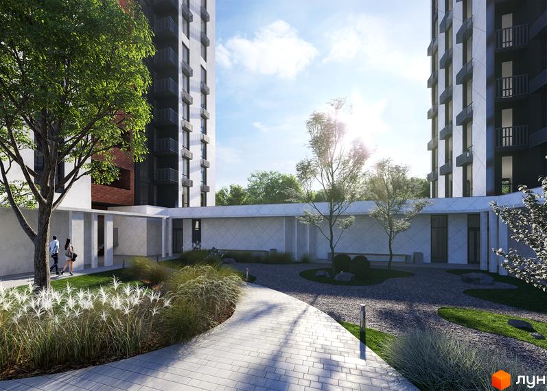 Житловий комплекс Одеса Сіті з високими будинками та доглянутою прибудинковою територією з деревами та доріжками.