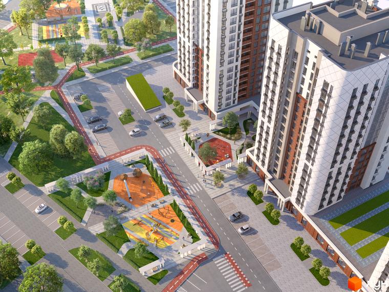 Житловий комплекс Одеса Сіті: висотні будинки з біло-бежевим фасадом та прибудинкова територія з дитячим майданчиком та парковкою.