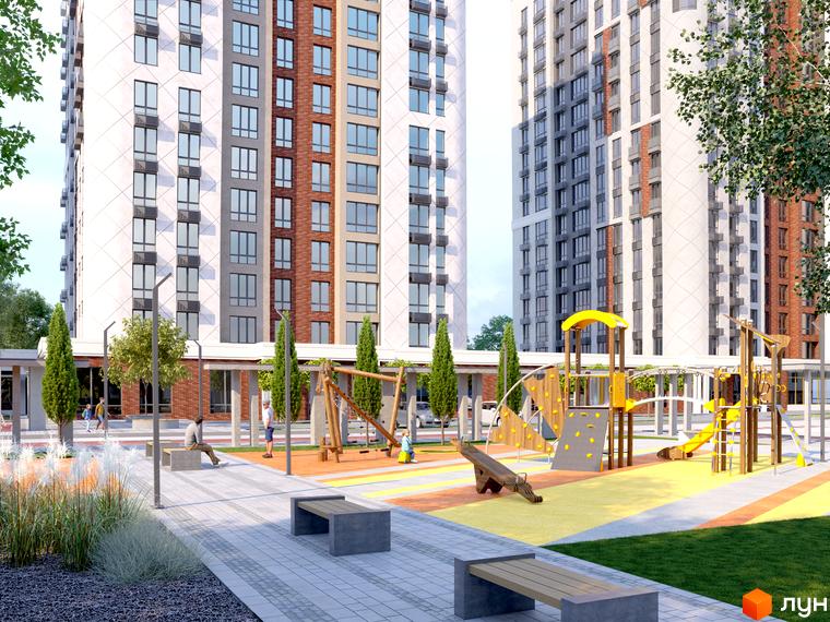 Житловий комплекс Одеса Сіті: фасади будинків з цегляними та білими елементами, дитячий майданчик та зони відпочинку.