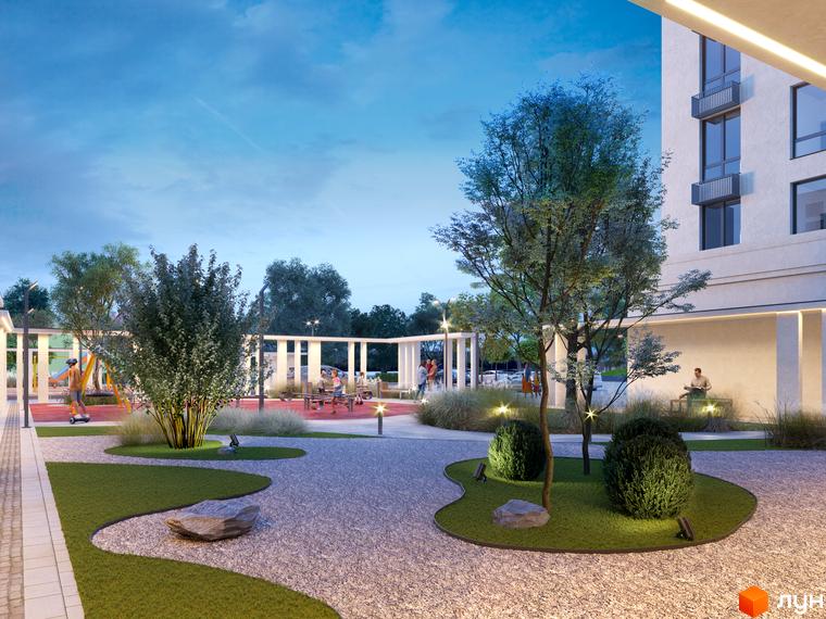 Житловий комплекс Одеса Сіті: сучасна новобудова з дитячим майданчиком та зоною відпочинку. Прибудинкова територія з ландшафтним дизайном та освітленням.