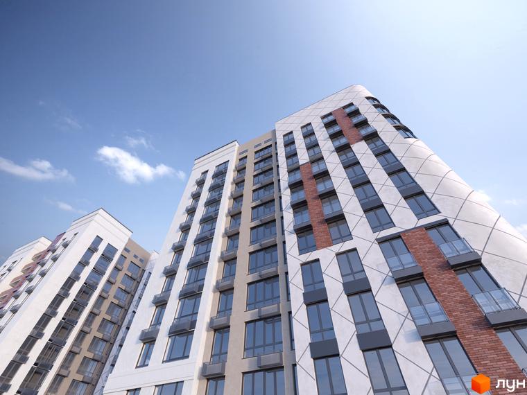 Житловий комплекс Одеса Сіті: висотні будинки з панорамними вікнами та цегляними вставками на тлі блакитного неба. Зовнішній вигляд новобудови.