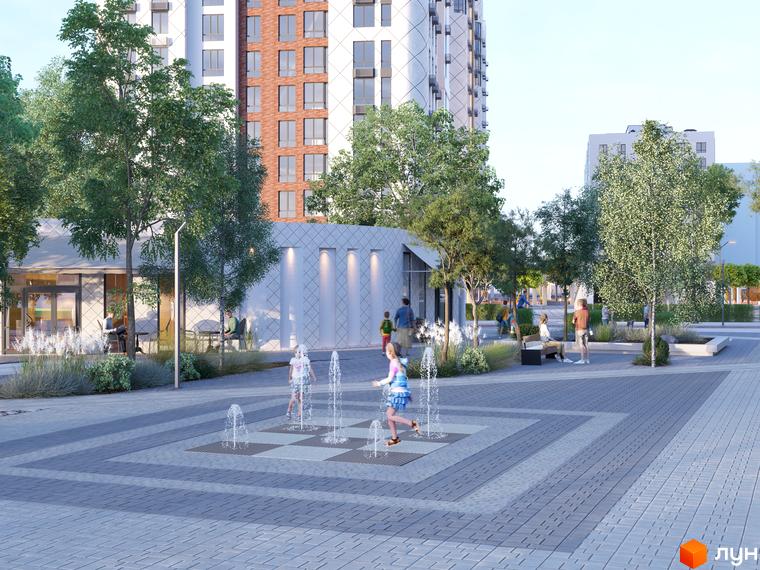 Житловий комплекс Одеса Сіті: сучасні багатоповерхові будинки та облаштована прибудинкова територія з фонтанами та зонами відпочинку.