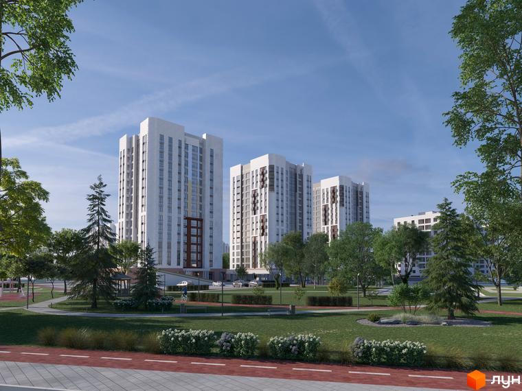 Житловий комплекс Одеса Сіті. Багатоповерхові будинки з білими фасадами та темними вікнами, розташовані серед зеленої зони з деревами та газонами.
