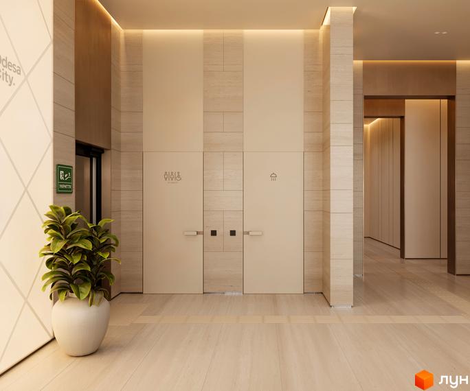 Житловий комплекс Одеса Сіті: вхідна група з дверима до вбиралень та рослиною в горщику. Сучасний дизайн інтер'єру.