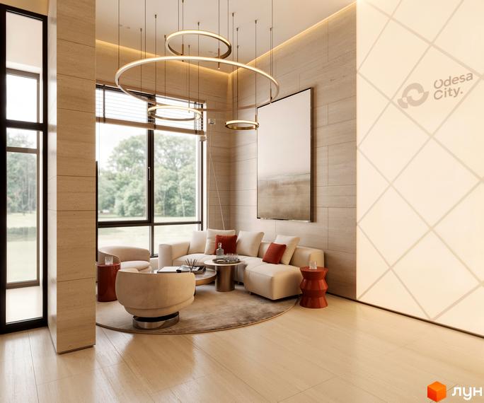 Інтер'єр вітальні в житловому комплексі Odesa City. Простора зона відпочинку з диваном, кріслами та журнальними столиками.
