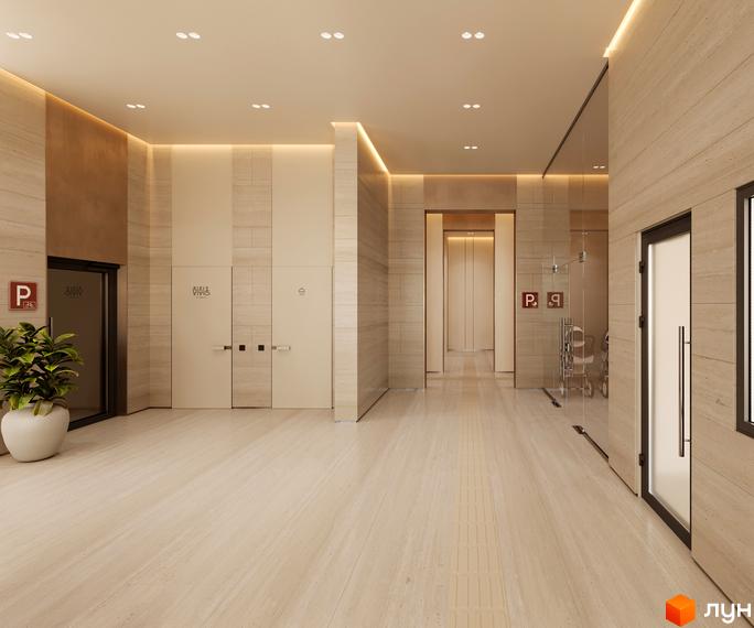 Сучасний дизайн холу житлового комплексу Одеса Сіті з ліфтами та дверима. Відкритий простір з оздобленням під мармур та прихованою підсвіткою.
