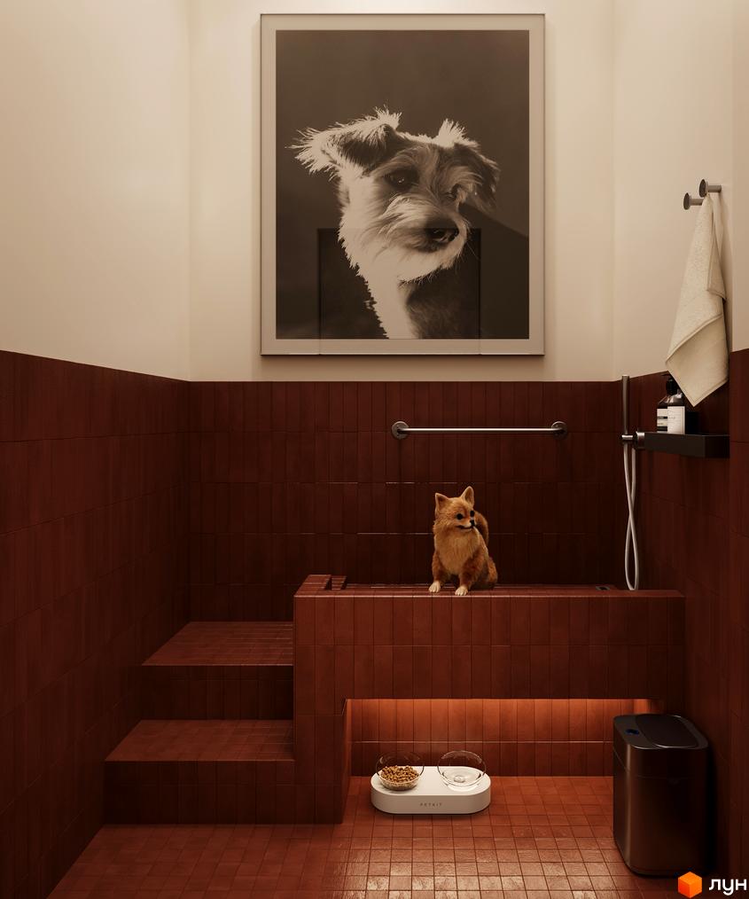 Житловий комплекс Одеса Сіті: інтер'єр ванної кімнати для собак з кахлем теракотового кольору, портретом собаки на стіні та аксесуарами для догляду.