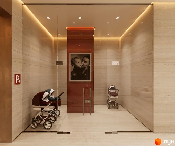 Житловий комплекс Одеса Сіті: вхідна група з дитячими візочками та картиною. Зовнішній вигляд новобудови.