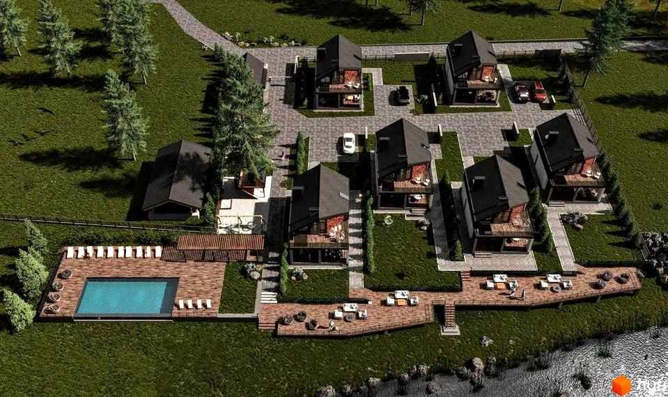 Котеджне містечко КМ River House з сучасними будинками та басейном на прибудинковій території.