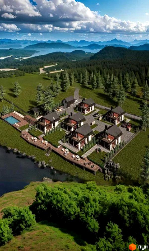 Котеджне містечко River House: сучасні будинки з терасами та басейном на березі річки, оточені лісом та горами.