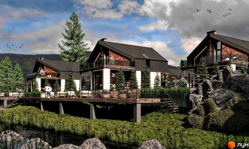 Котеджне містечко River House: триповерхові будинки з темними дахами та великими вікнами, оточені зеленню та скелями біля води.