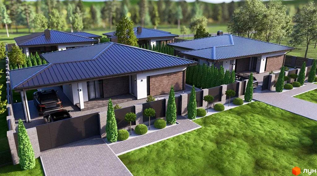 Котеджне містечко KM Solomon Village: одноповерхові будинки з темними дахами, цегляними фасадами, навісами для авто та доглянутою прибудинковою територією з газоном і туями.